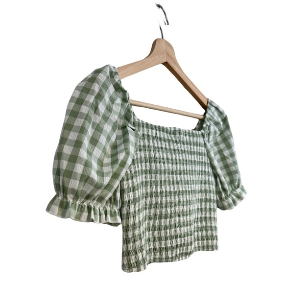 SHEIN Green & White Gingham Print Twist Front Puff Sleeve Crop Top Size 11-12Y☀️ - Picture 10 of 17